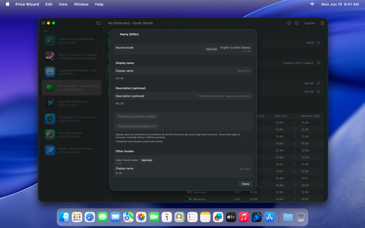 PriceWizard on Mac showing localization tools