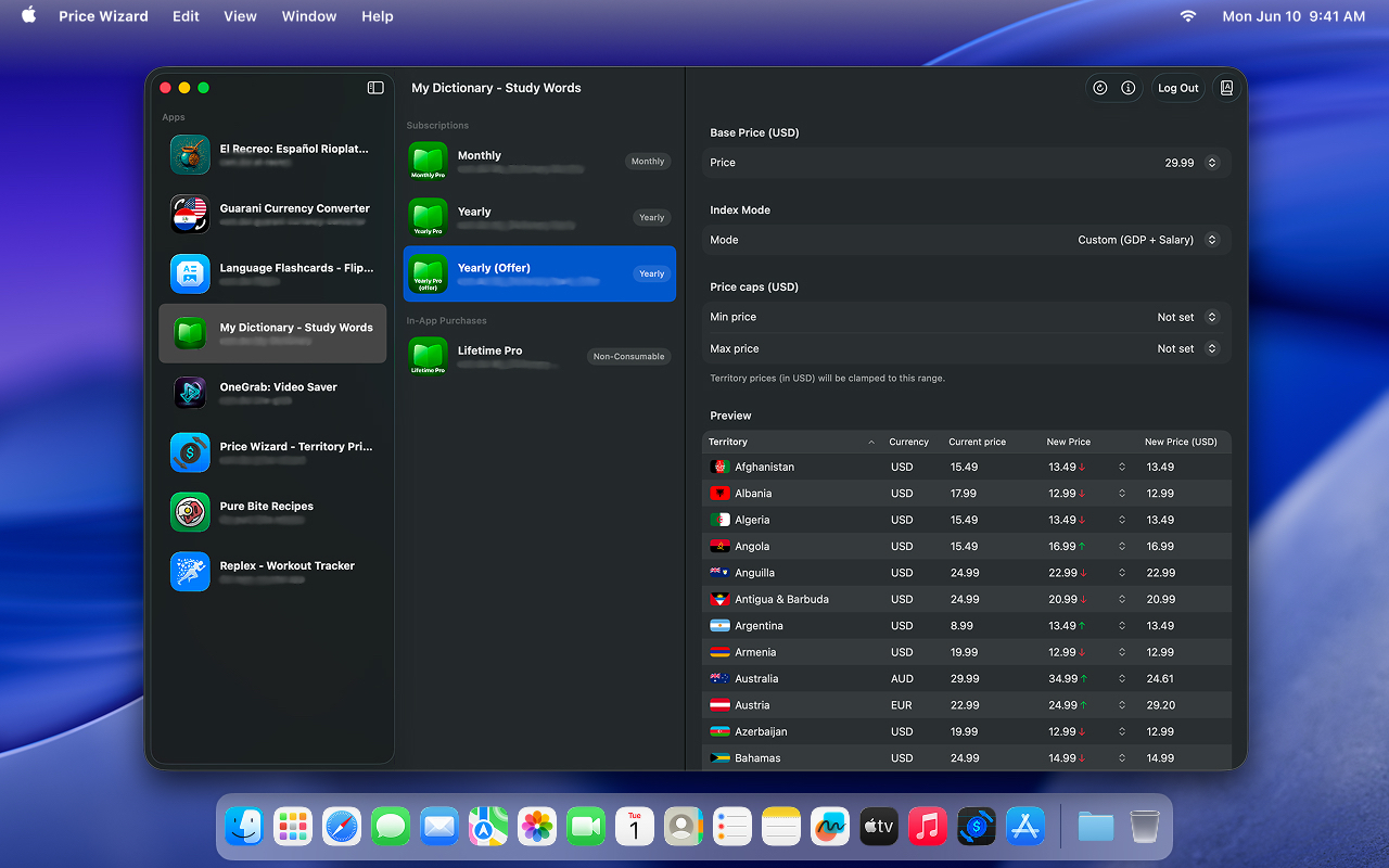 PriceWizard app window showing regional prices and localization tools