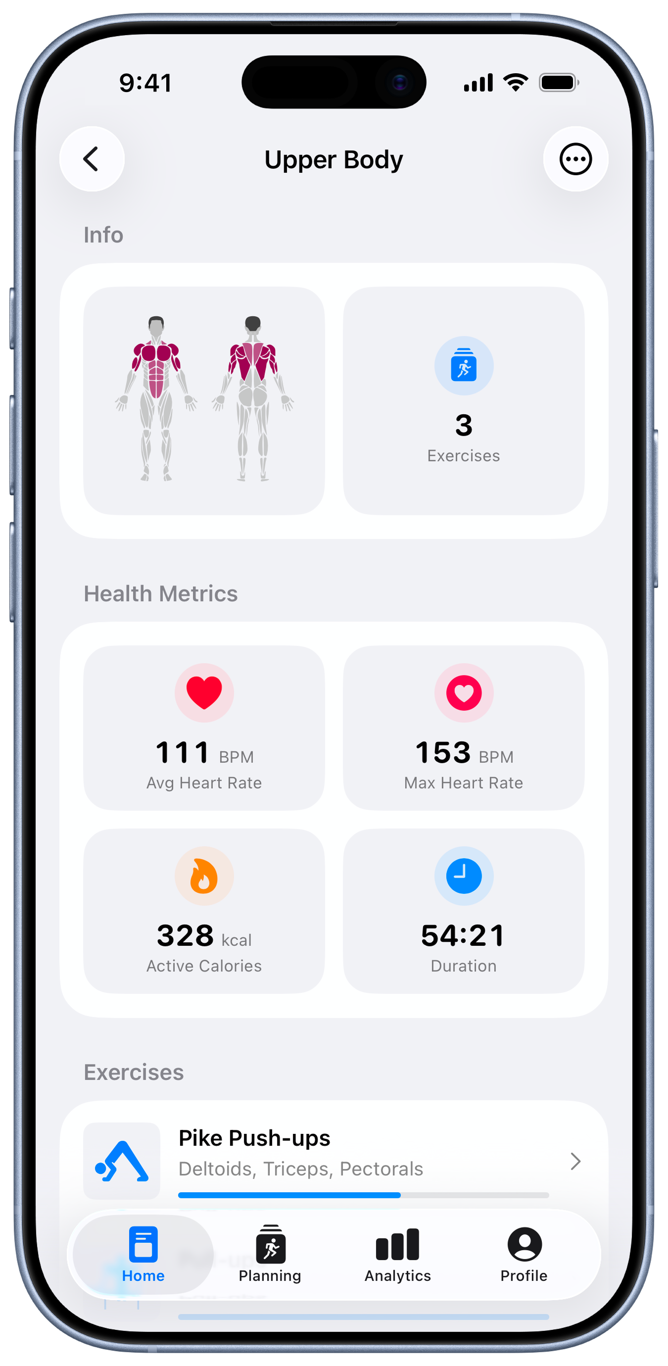 Workout details screen with live performance metrics