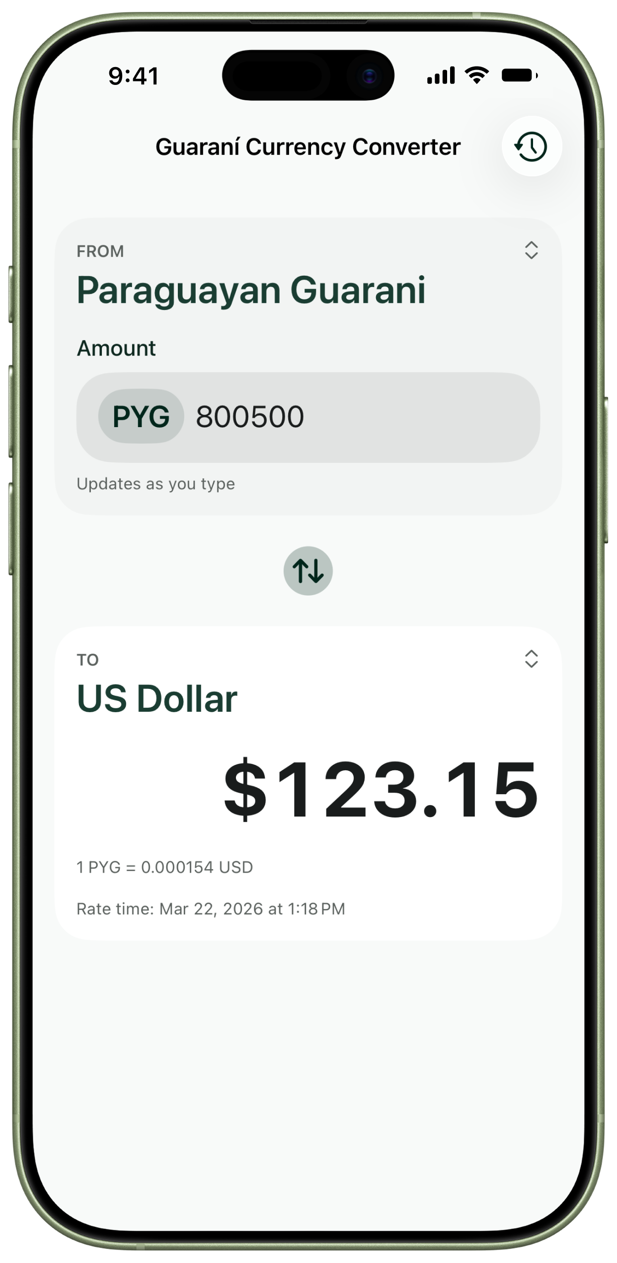 Converter screen showing amount, from and to currencies, and exchange rate.