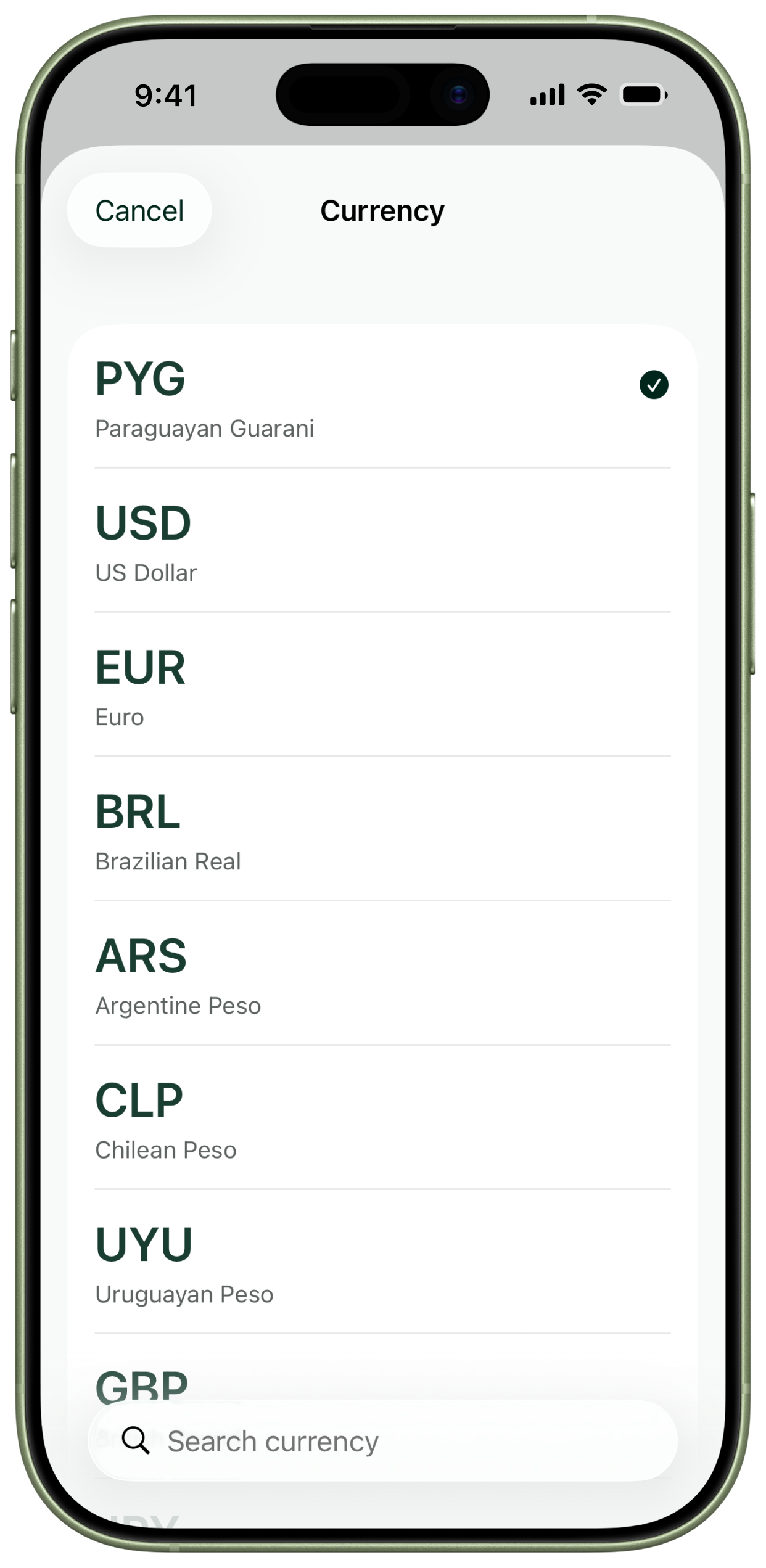 Currency search and picker.