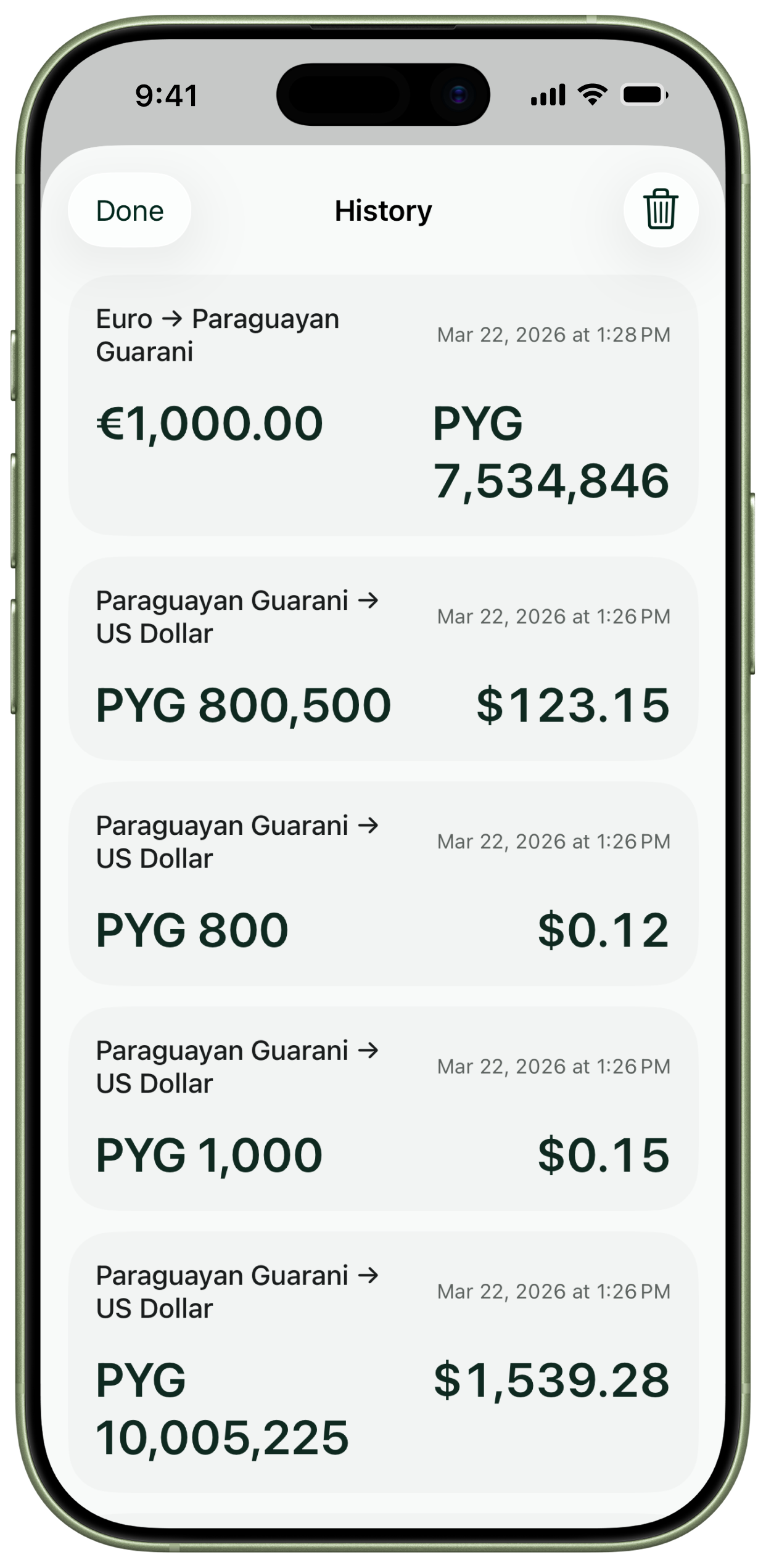 History list of saved conversions.